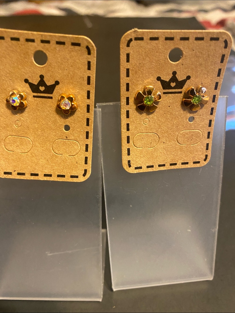 Gold Flower Stud Earrings for Kids - Green and Iridescent Stones
